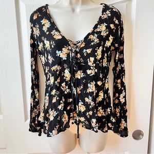 Boho floral bell sleeve lace up top